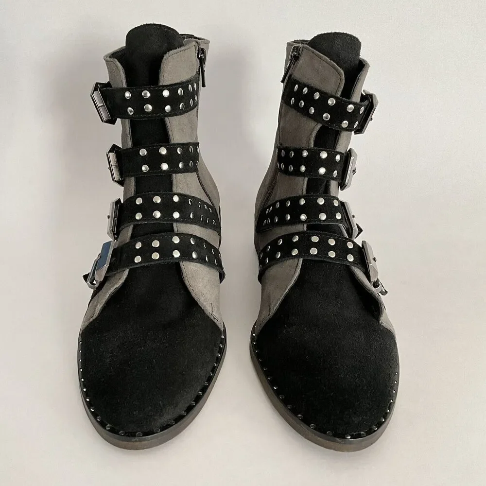 Girotti Suede Quad Buckle Studded Bootie Gray Black 41